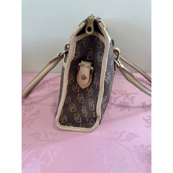 Vintage Dooney & Bourke Satchel Bag DB Monogram Tan Leather Trimmed Zip Top - Picture 2 of 10